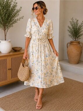 Simple Retro Floral Midi Dress Size Large Cottagecore Puff Sleeve Belted